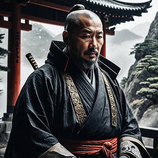 Ancient Samurai Monk in Misty Mountain Temple