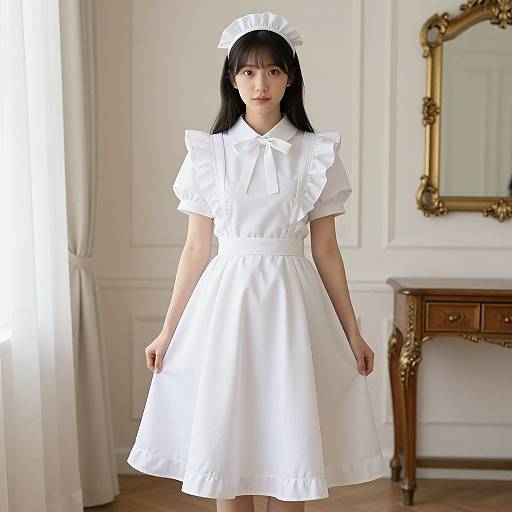 Photograph of an East Asian woman with straight black hair, wearing a white maid outfit with a frilled headband, standing in a bright, elegant