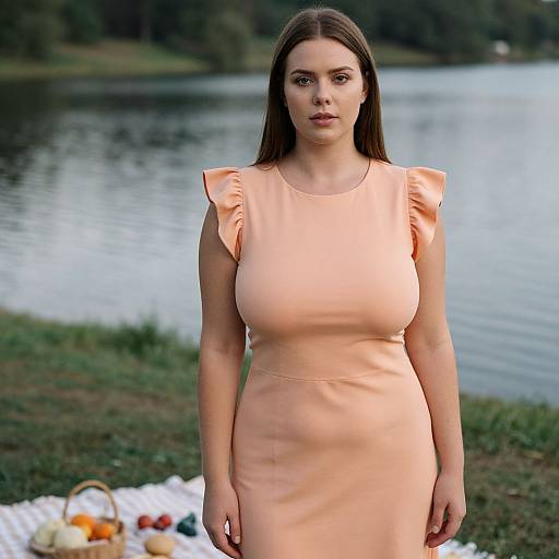 Photograph of a young woman with long brown hair, wearing a peach sleeveless dress with ruffled shoulders, standing by a lake with a picnic blanket