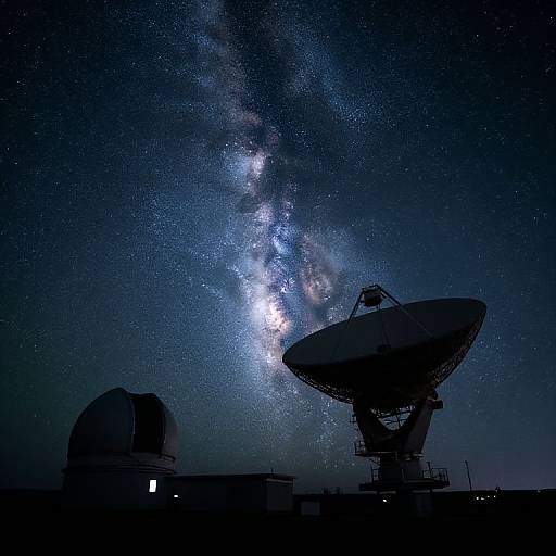 Photograph of a night sky with the Milky Way galaxy shining brightly above silhouetted telescope domes and antennas on a dark rooftop.