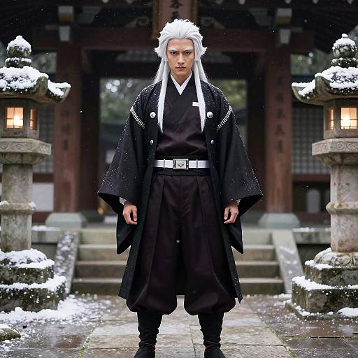 Photograph of a stern, white-haired man in black traditional Japanese attire with white accents, standing in a snowy temple courtyard flanked by lanterns.