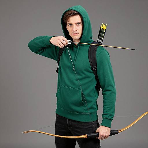 Photograph of a young man with fair skin, brown hair, wearing a green hoodie, black pants, holding a bow and arrow quiver on his