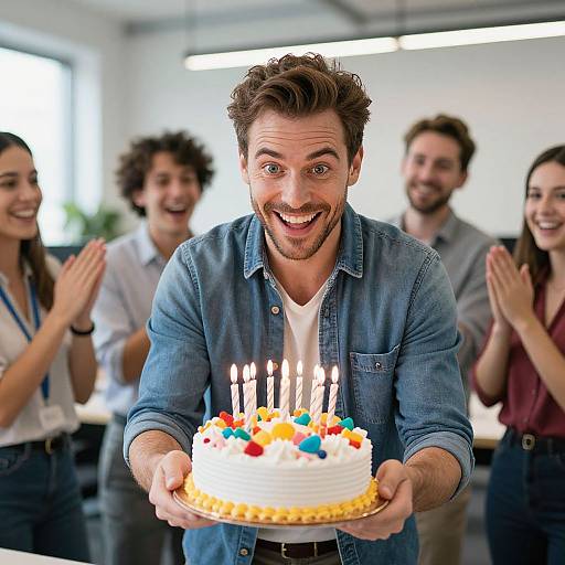 Photograph of a bearded man with brown hair, wearing a blue denim shirt, excitedly presenting a birthday cake with candles to smiling colleagues in an