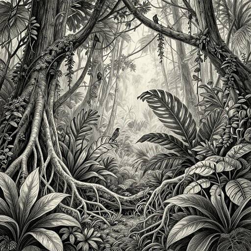 Black-and-white digital drawing of a dense jungle with large, detailed foliage, twisted roots, and hanging vines, illuminated by sunlight.