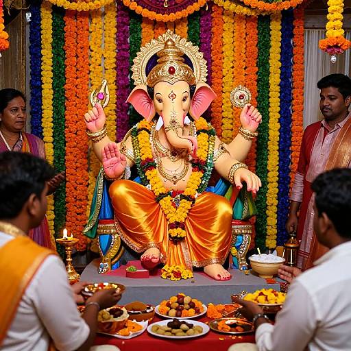 Photograph of vibrant Hindu deity Ganesha, seated in an ornate, colorful garland backdrop, surrounded by four people offering sweets and prayers.
