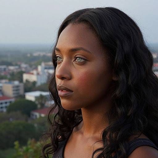Photograph of a beautiful, dark-skinned woman with curly black hair, looking pensively into the distance, cityscape blurred in the background.
