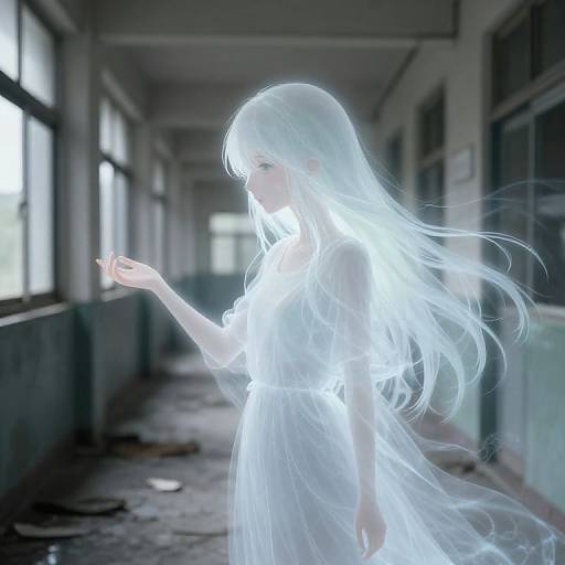 Digital artwork of a translucent, ethereal girl with long, glowing white hair in a ruined, dimly lit hallway, her hand gently raised.