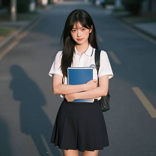 Photograph of an Asian teenage girl with long black hair, wearing a white shirt, black skirt, and holding a blue notebook, standing on a sun