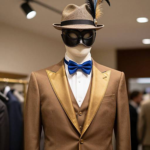 Photograph of a mannequin wearing a brown suit with gold trim, blue bowtie, black masquerade mask, and brown hat with black