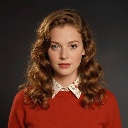 Photograph of a young woman with fair skin and curly brown hair, wearing a red sweater with a floral collared shirt, against a dark background.