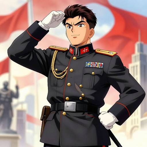 Anime-style digital illustration of a handsome, dark-haired military officer in a black uniform with red accents, saluting with a confident smile, adorned with medals