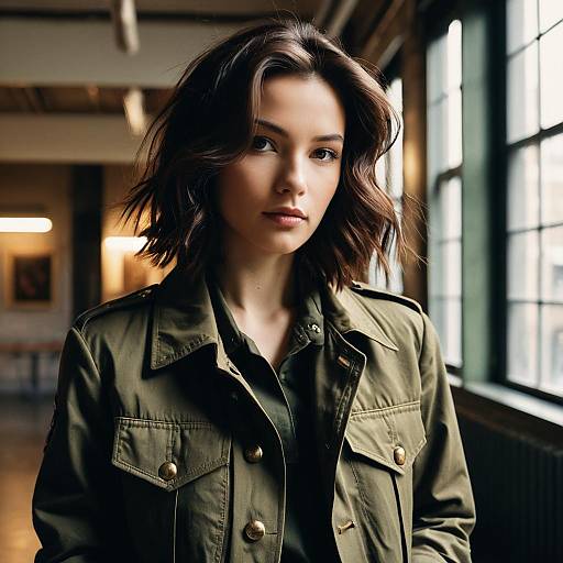 Fashion Model with Chocolate Brown Hair in Military Jacket