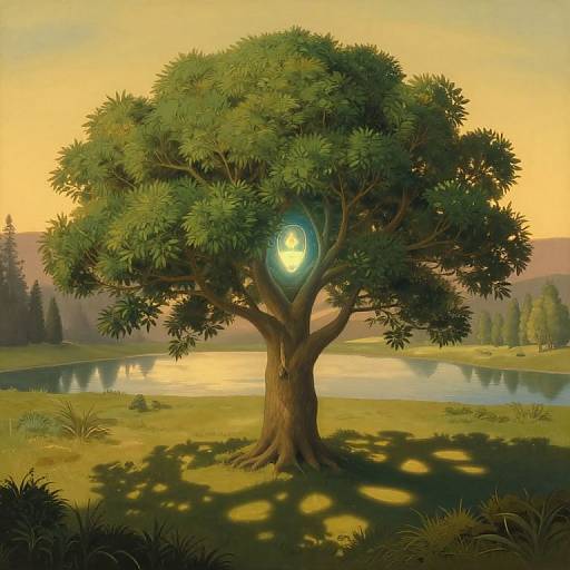 Digital painting of a magical tree with a glowing, circular green light at its center, standing by a serene lake at sunset.