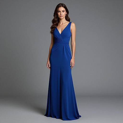 Photograph of a young woman with long dark hair, wearing a deep blue, sleeveless, V-neck evening gown, standing against a plain gray background