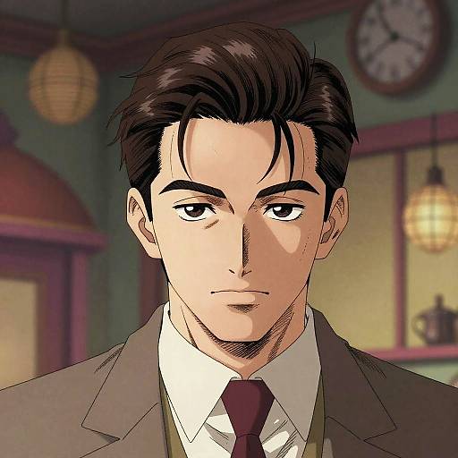 Digital anime-style drawing of a handsome, dark-haired man with serious expression, wearing a brown suit, white shirt, and maroon tie, in a