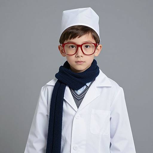 Photograph of a young boy with short brown hair, red glasses, white sailor uniform, navy scarf, and matching hat, against a gray background.
