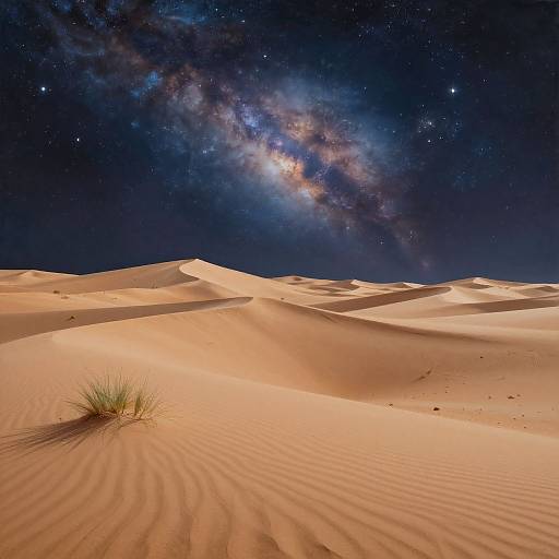 Photograph of a starry night sky over rolling, golden desert dunes with a single tuft of grass in the foreground. Milky Way galaxy visible