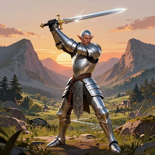 Digital artwork of an elven knight in polished silver armor, holding a glowing sword, standing on a grassy hill with mountains and a sunset sky in