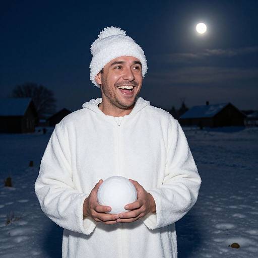 Photograph of smiling man in white winter hat and robe, holding glowing orb, against a night sky with full moon and snowy landscape.