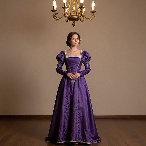 Photograph of a fair-skinned woman with dark hair in a purple Victorian-style gown, standing under a gold chandelier, against a beige wall and