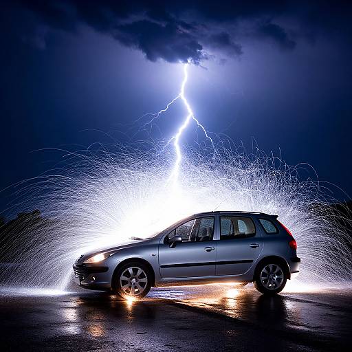 Photograph of a silver hatchback car struck by a vivid lightning bolt, with bright white sparks exploding around it at night.