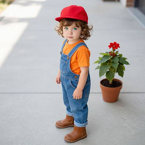 Photograph of a curly-haired toddler in a red hat, orange shirt, blue overalls, and brown boots, standing beside a potted red ger