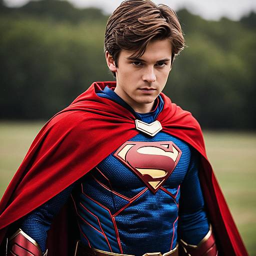 Young Man in Superman Costume with Red Cape