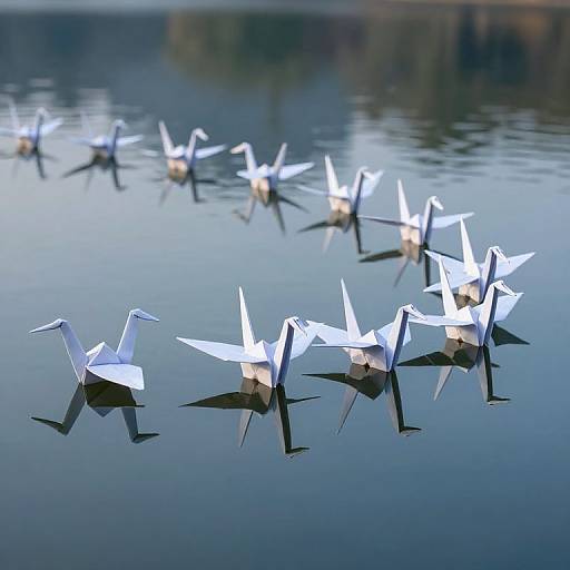 Photograph of a serene lake with a flock of white paper boats, resembling swans, gracefully floating in calm, reflective water.