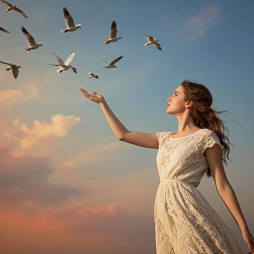 Photograph of a young woman with long brown hair in a white lace dress, reaching out to flying seagulls against a colorful sunset sky.