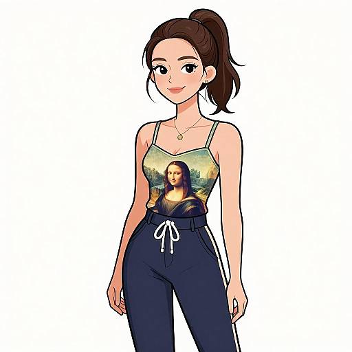Digital anime-style drawing of a smiling young woman with brown hair in a ponytail, wearing a tank top with Leonardo da Vinci's portrait, and dark