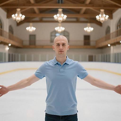 Bald Man in Spacious Indoor Rink