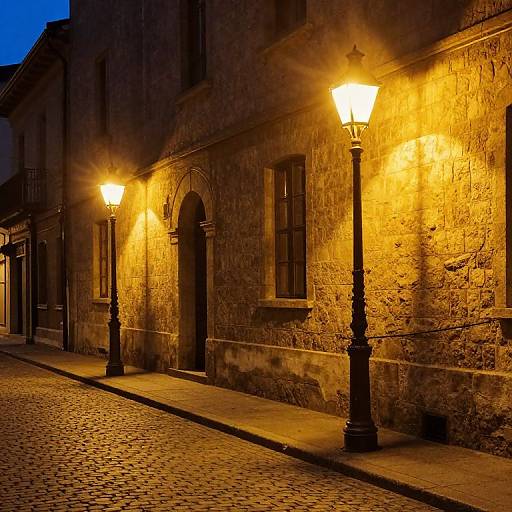Golden Streetlamps on Cobblestone Street