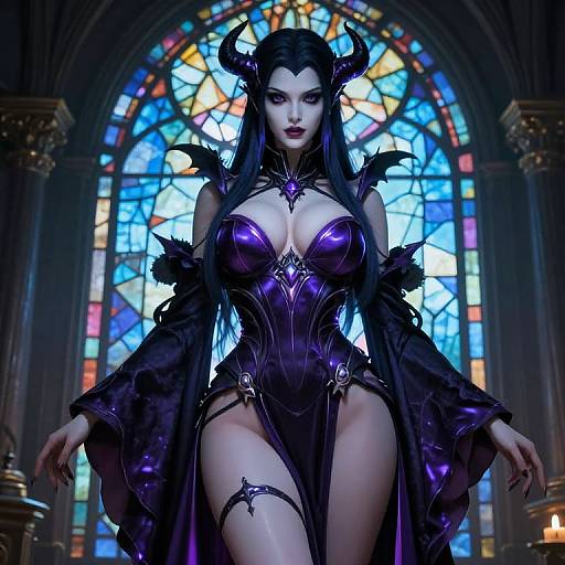 Digital artwork of a seductive, dark-haired demoness with horns, wearing a revealing, purple, metallic corset and cape, standing in front of