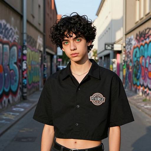 Photorealistic digital art of a young man with curly black hair, green eyes, wearing a black cropped shirt, standing in a colorful, graffiti-covered