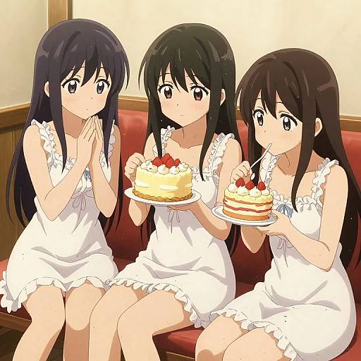 Three anime girls with long black hair in white frilled dresses, sitting on a red couch, eating and holding desserts. Digital art style.