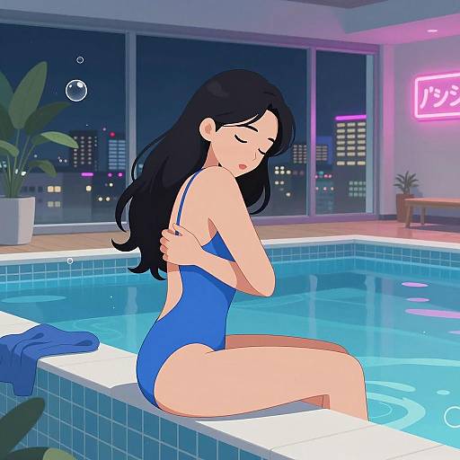 Woman in Blue Swimsuit by Indoor Pool at Night