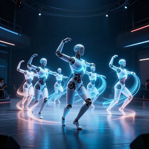 Neon-lit robotic dancers in a circular formation, performing dynamic poses on a dark stage with blue and white light trails.