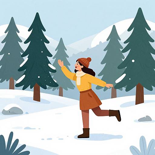 Digital illustration of a woman with brown hair, beanie, yellow sweater, brown skirt, and boots joyfully dancing in a snowy forest.