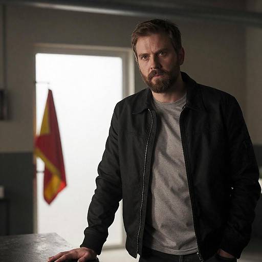 Serious man leaning on table indoors