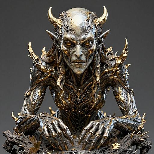 Digital artwork of a menacing, horned, metallic demon with glowing eyes, intricate golden armor, and sharp, clawed hands against a dark background.