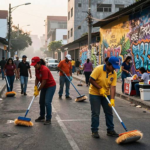 Photograph of street cleaners in red and yellow shirts, blue and red hats, sweeping a sunlit urban street with colorful graffiti walls.