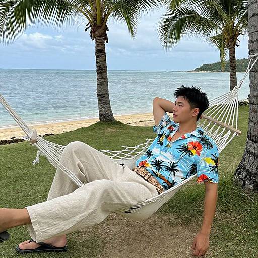 Photograph of a young Asian man with short black hair, wearing a blue floral shirt, white pants, and sandals, lounging in a white hamm