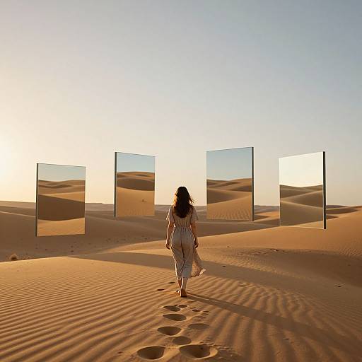 Photograph of a woman in a white dress walking away in a desert, surrounded by five reflective panels mirroring sand dunes under a clear, bright