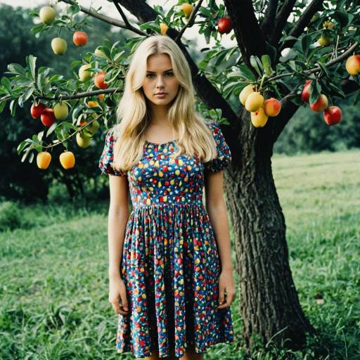Blonde Woman in Colorful Dress by Fruit Tree