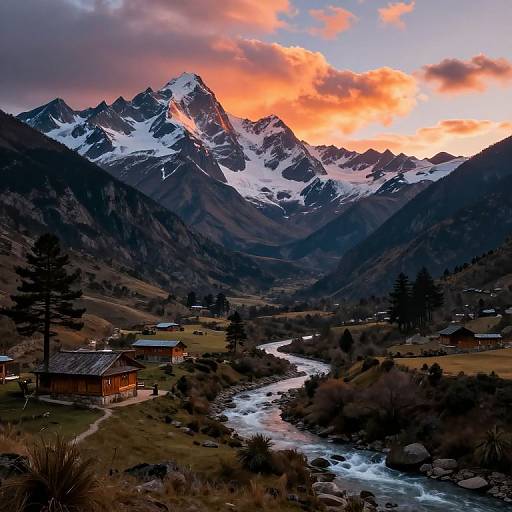 Photograph of a serene mountain village at sunset, featuring snow-capped peaks, a winding river, wooden cabins, and vibrant orange clouds.