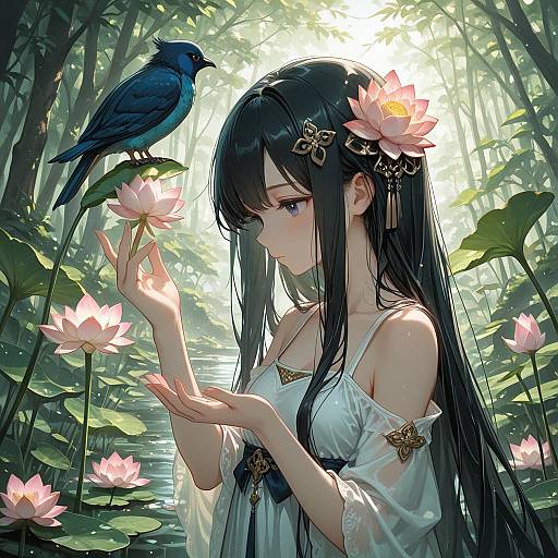 Elegant Solo Girl with Lotus and Bird