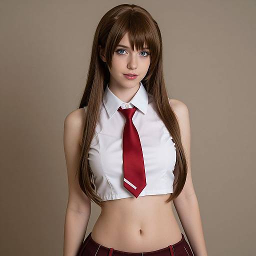 Digital illustration of a young woman with long brown hair, blue eyes, wearing a white sleeveless shirt, red tie, and plaid skirt against a
