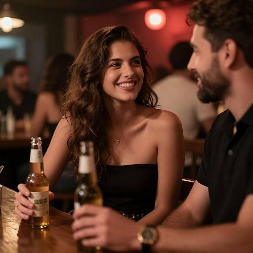 Smiling Woman with Beer at Bar