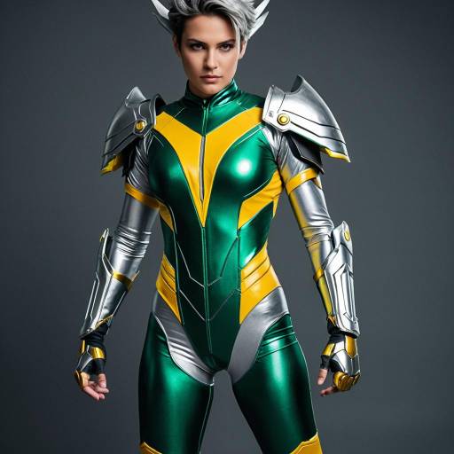 Futuristic Female Cosplayer in Metallic Green and Silver Bodysuit