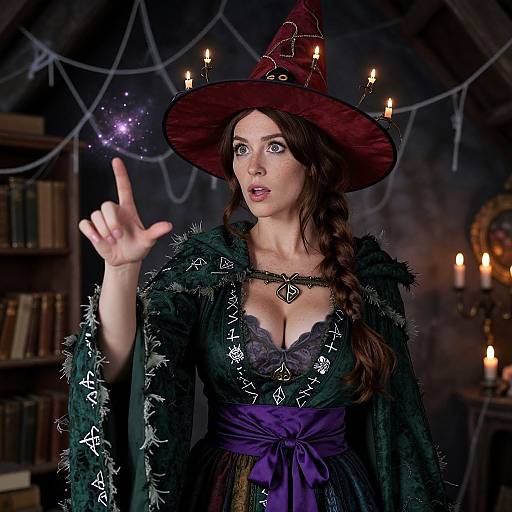 Photograph of a fair-skinned woman in a dark green witch costume with purple accents, red hat, and spellbook necklace, casting a spell in